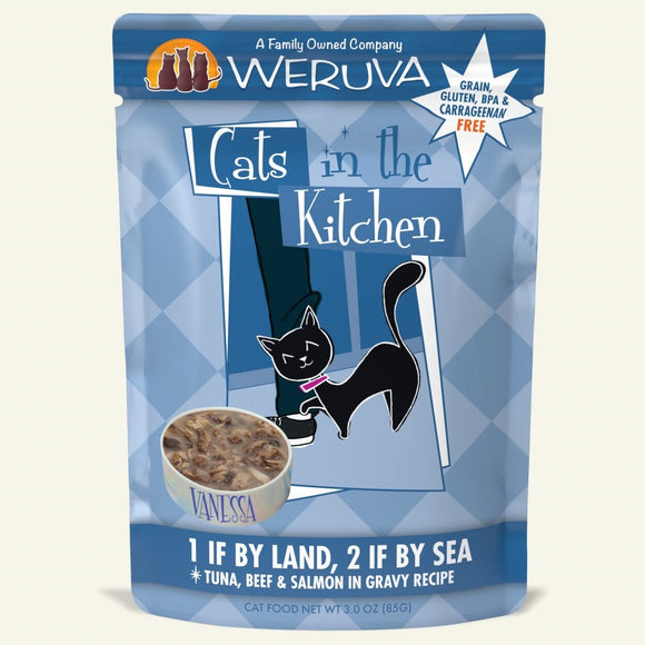 Weruva Cats in the Kitchen 1 If By Land, 2 If By Sea Tuna, Beef & Salmon Recipe Grain-Free Cat Food, 3-oz pouch, case of 12