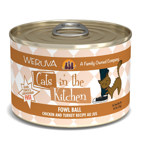 Weruva Cats in the Kitchen Fowl Ball Chicken & Turkey Au Jus Grain-Free Wet Cat Food, 6-oz, can